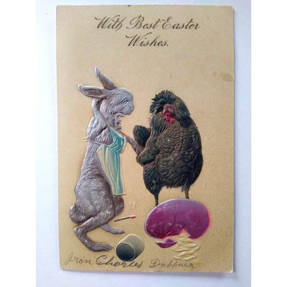 Easter Postcard Dressed Bunny Rabbit Apron Rooster PFB Embossed Hand Tinted 8736 - Picture 2 of 3